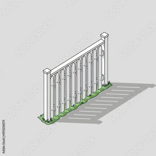 White picket fence with green grass and shadow.
