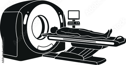 Premium Modern Medical Scanner Silhouette Vector 2026 - MRI and CT Scan Machine with Patient Examination Table - Clean Black Healthcare Equipment Cutout Isolated on White Background
