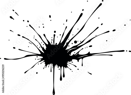 A black ink splatter with dynamic, abstract radiating lines and droplets, perfect for graphic design and artistic backgrounds