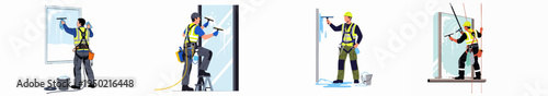 Set of professional window cleaners in safety gear performing high-rise and commercial glass cleaning services, flat vector illustrations.
