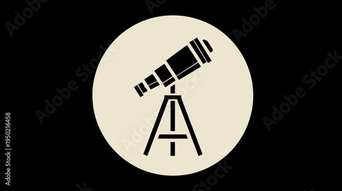 A simple illustration of a telescope on a tripod within a circle against a black background