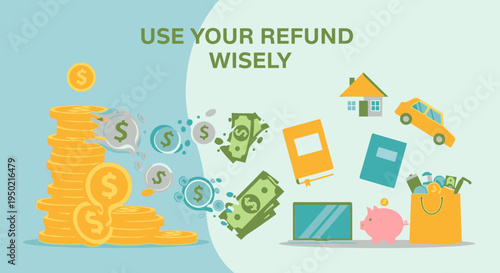 Flat Illustration of Tax Season Concept with Coins Turning into Shopping Items