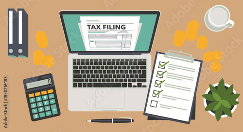 Flat Illustration of Accountant Desk with Tax Filing and Coins Concept