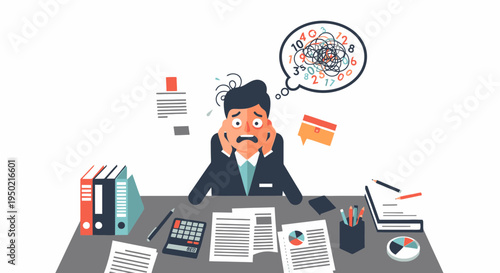 Flat design illustration of overwhelmed accountant with calculator and scattered papers