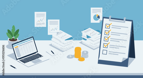 Flat design accountant workspace illustration with papers, coins, and checklist