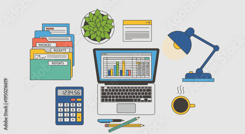 Flat design accountant desk flat lay vector illustration minimal shapes