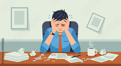 Flat design stressed worker illustration with messy coins and papers at desk scene