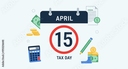 Flat Design Tax Day Reminder with Red Circled Date Vector Illustration