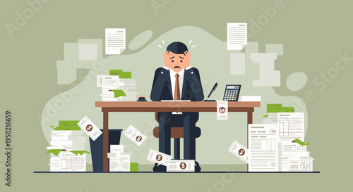 Flat Design Tax Filing Stress Scene with Accountant and Documents