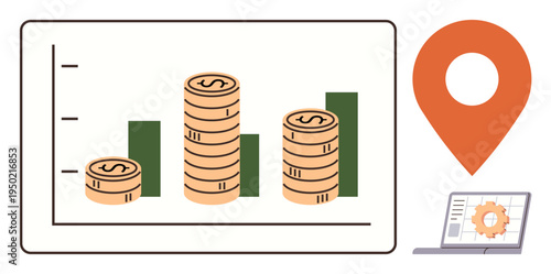 Financial analysis, economic trends, business development, investment strategy, market growth, data tracking. Coin stacks, bar chart location pin laptop illustration. Financial analysis