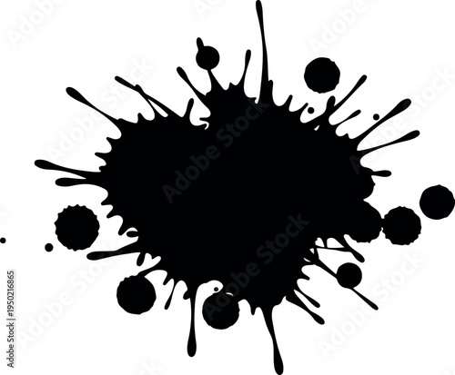 A black ink splatter on a white background, representing a messy, abstract artistic expression or a creative splash of color