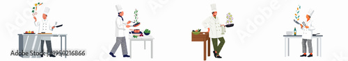 Set of professional chefs in uniforms cooking and tossing fresh vegetables in pans, flat vector illustration isolated on white background.