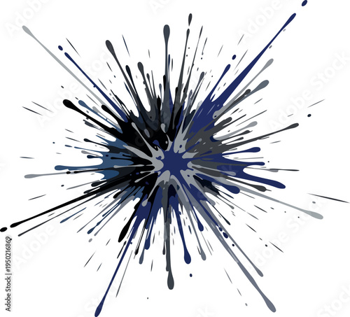 Explosion of dark ink splatters and droplets in shades of blue, gray, and black, creating a dynamic, abstract burst of energy on a white background