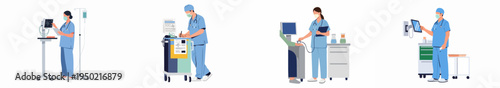 Set of medical staff characters in blue scrubs performing various healthcare tasks and monitoring patients using modern medical equipment in a hospital setting.