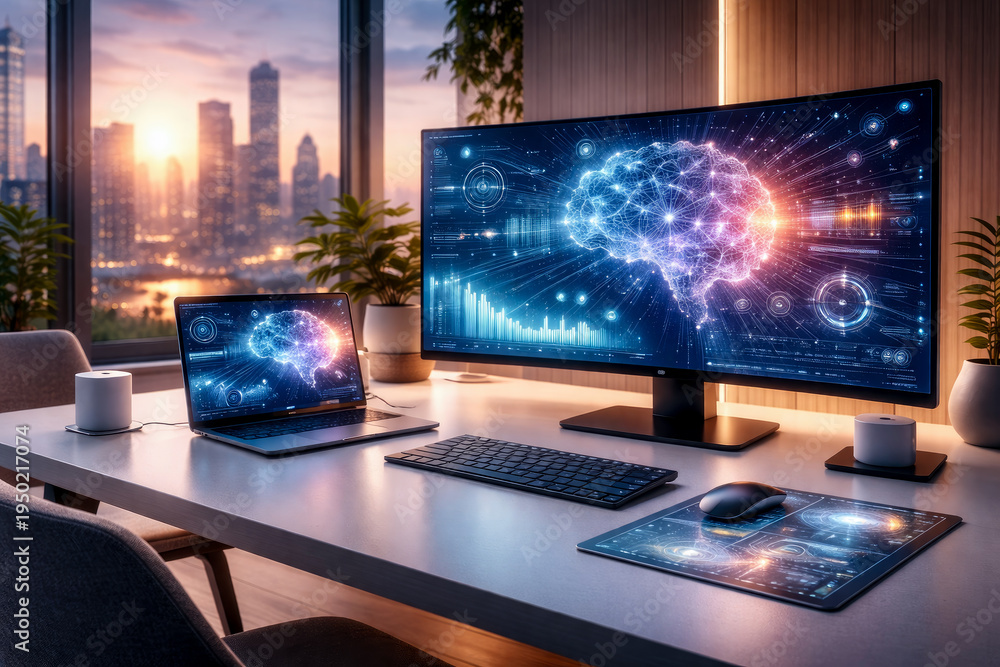 Fototapeta premium Advanced futuristic ai driven smart office workspace with digital interfaces and minimalist design