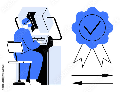 Quality assurance, certification, manufacturing, compliance, technology, productivity. A worker at a machine and a badge with a checkmark. Quality assurance and certification in manufacturing