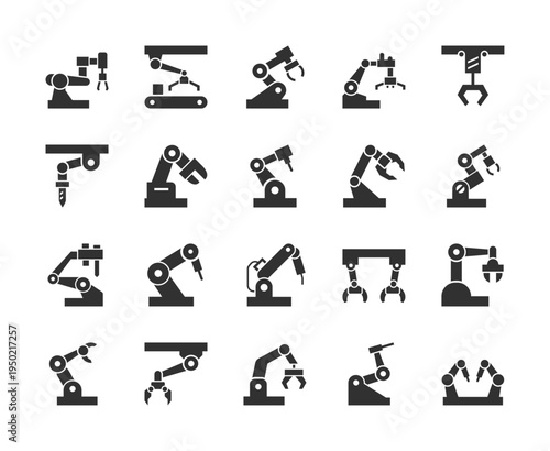 Industrial robotic arms and factory automation, monochrome icons set. Manufacturing robot manipulators, assembly line machinery, automated production systems. Black and white symbols style