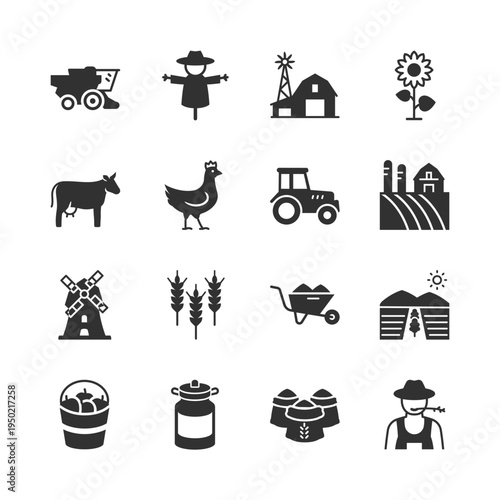 Farm and agriculture activity, monochrome icons set. Farming equipment and rural life, crop cultivation, livestock breeding, tractor and combine harvester, barn and field. Black white symbols style.