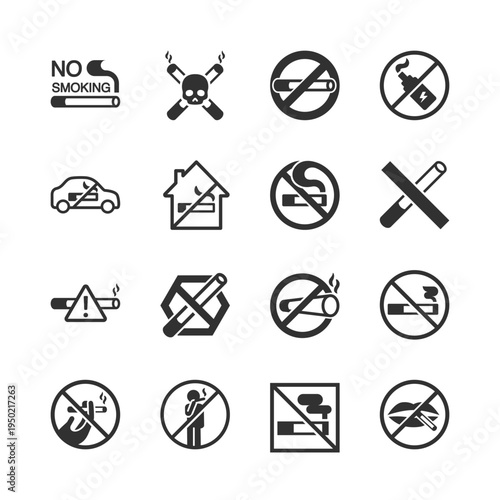 No smoking prohibition symbols, monochrome icons set. Smoking restriction signs, cigarette ban notice, public health warning, tobacco control regulation. Black and white symbols style.