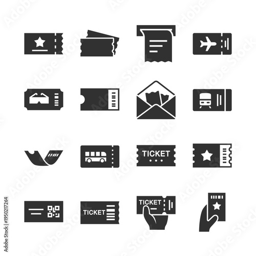 Ticket and admission pass symbols, monochrome icons set. Event entry, cinema and concert admission, transport boarding pass, airline travel, bus and train ride pass. Black and white symbols style