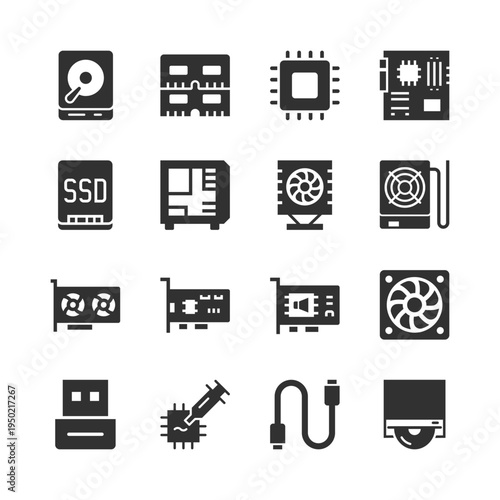 Computer hardware components, monochrome icons set. PC internal parts and peripherals, processor and motherboard, storage device, graphics card, cooling system, memory module. Black white symbols.