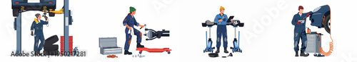 Professional mechanics performing auto repair and maintenance tasks in a garage setting, set of flat vector illustrations on a white background.