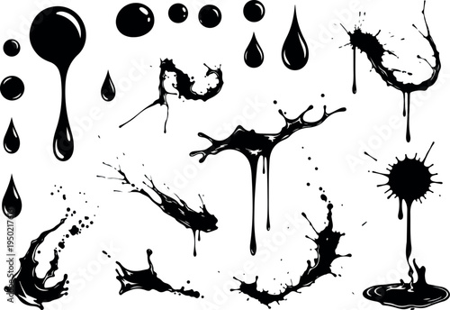 Collection of Black Ink Splashes and Drops, Dynamic Liquid Art Elements for Creative Design Applications