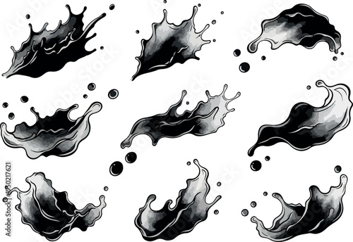 Abstract ink splashes and liquid bursts creating dynamic and fluid art