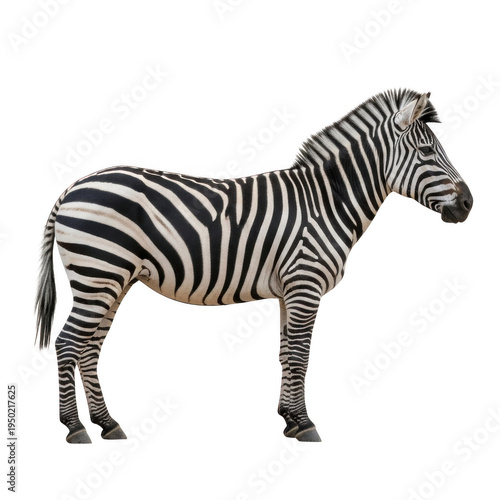 A black and white zebra standing on a plain surface isolated on transparent background