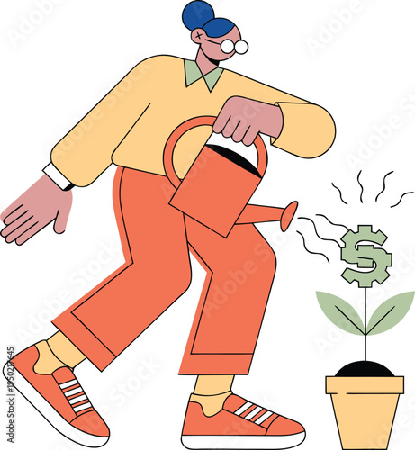 Woman watering money plant growing financial investment wealth