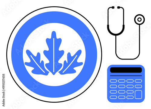 Healthcare, finance, medical services, accounting, nature symbolism, cost management. Blue leaf emblem with stethoscope and calculator. Healthcare and finance concept for modern analysis