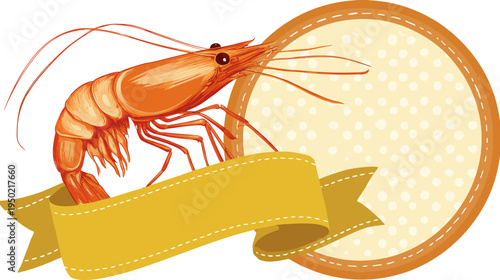 Illustration of a cooked shrimp with antennae, ribbon, and circular polka-dot background