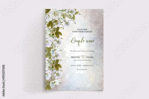 WEDDING INVITATION FRAME WITH FLOWER DECORATIONS AND FRESH LEAVES