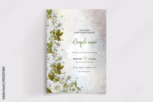 WEDDING INVITATION FRAME WITH FLOWER DECORATIONS AND FRESH LEAVES