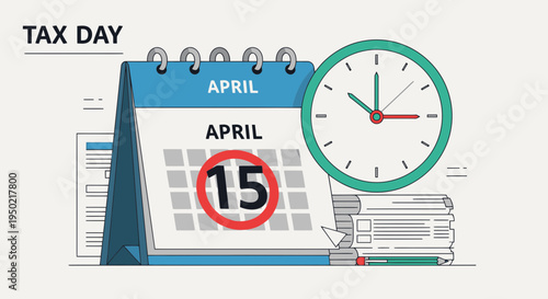 Flat Vector Illustration of Tax Day with Calendar and Clock Icon