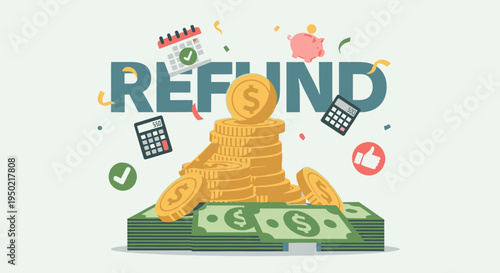 Flat Vector Illustration of Tax Refund Celebration with Coins and Dollar Icon