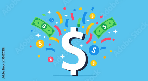 Flat Vector Illustration of Tax Refund Celebration with Dollar Sign Confetti