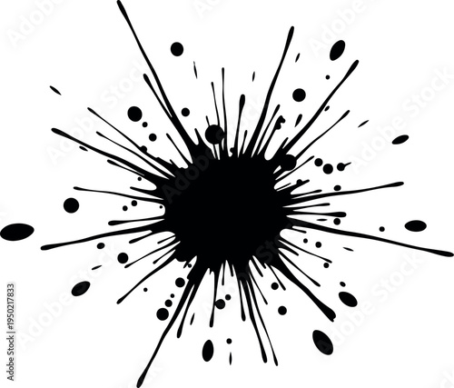 Black ink splash on white background, expressive abstract splatter effect, dynamic art element, high contrast and energetic design