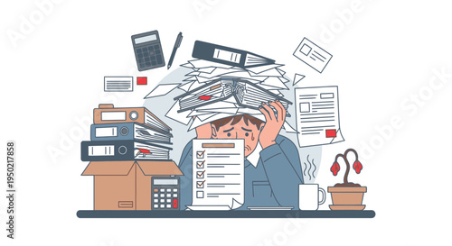 Flat illustration of overwhelmed worker with tax filing papers and checklist