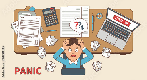 Flat illustration panic concept top view of tax filing workspace