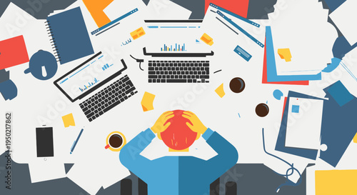 Flat top view illustration of overwhelmed worker workspace with simple shapes