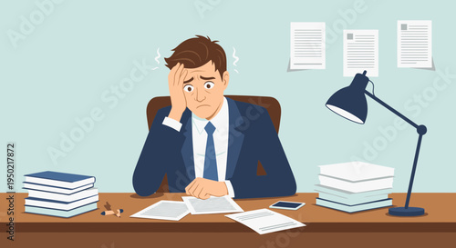 Flat illustration of stressed accountant with scattered papers on desk minimal design