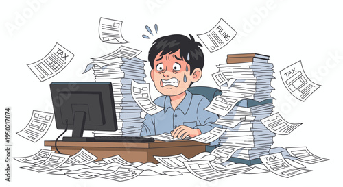Flat illustration of overwhelmed worker with tax filing papers and checklist minimal objects