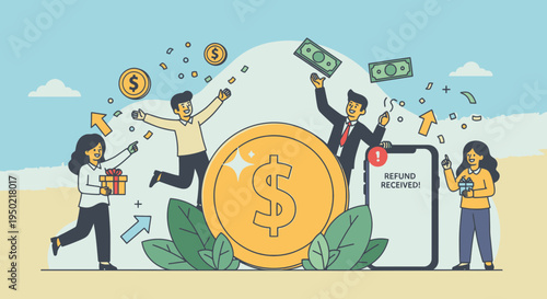 Flat Illustration Tax Refund Celebration Concept with Shining Dollar Coin