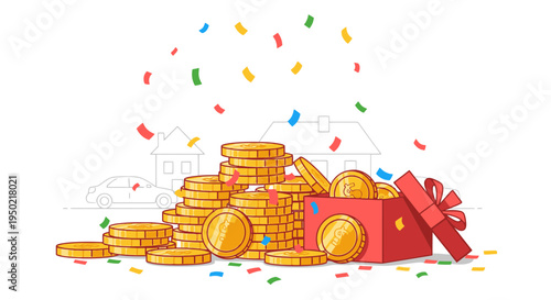 Flat Illustration Tax Refund Celebration Concept with Coins and Confetti