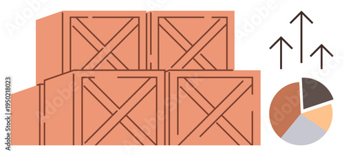 Shipping, storage, logistics, business growth, analytics, distribution management. Wooden crates stacked with arrows pointing up and a pie chart. Shipping and business growth visualization