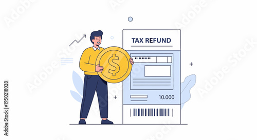Flat Illustration of Tax Refund Reward with Person Holding Dollar Coin
