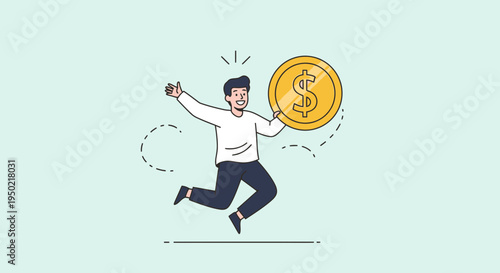 Flat Illustration of Tax Refund Happiness with Person Jumping and Dollar Coin