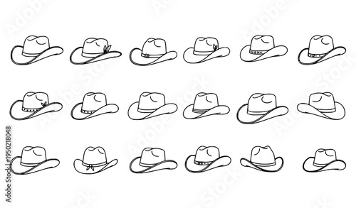 Cowboy hat outline icon set with fashionable wild west western headwear sketch collection isolated on white background vector illustration
