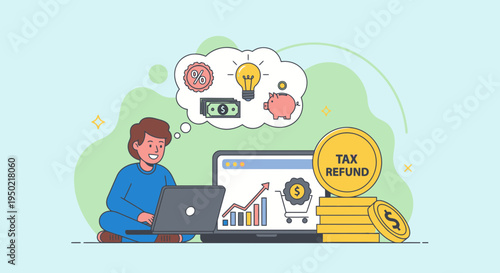 Flat Illustration Tax Refund Smart Shopping Concept with Laptop and Coins